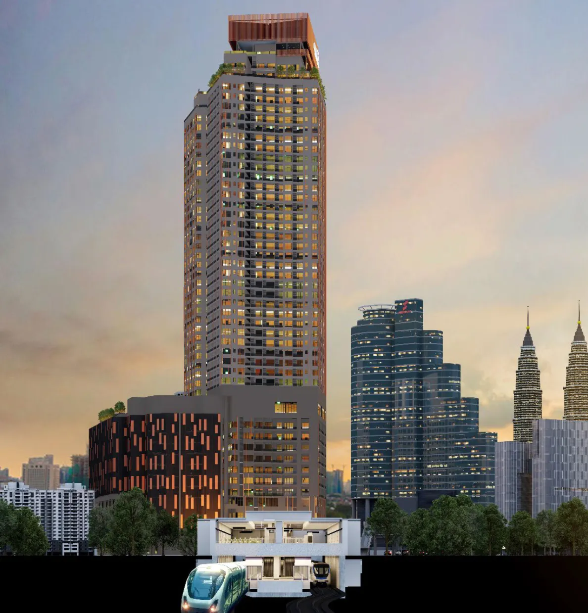 Centrix tower beside the Petronas Twin Towers at dusk, with the Dang Wangi LRT station below, artist's impression