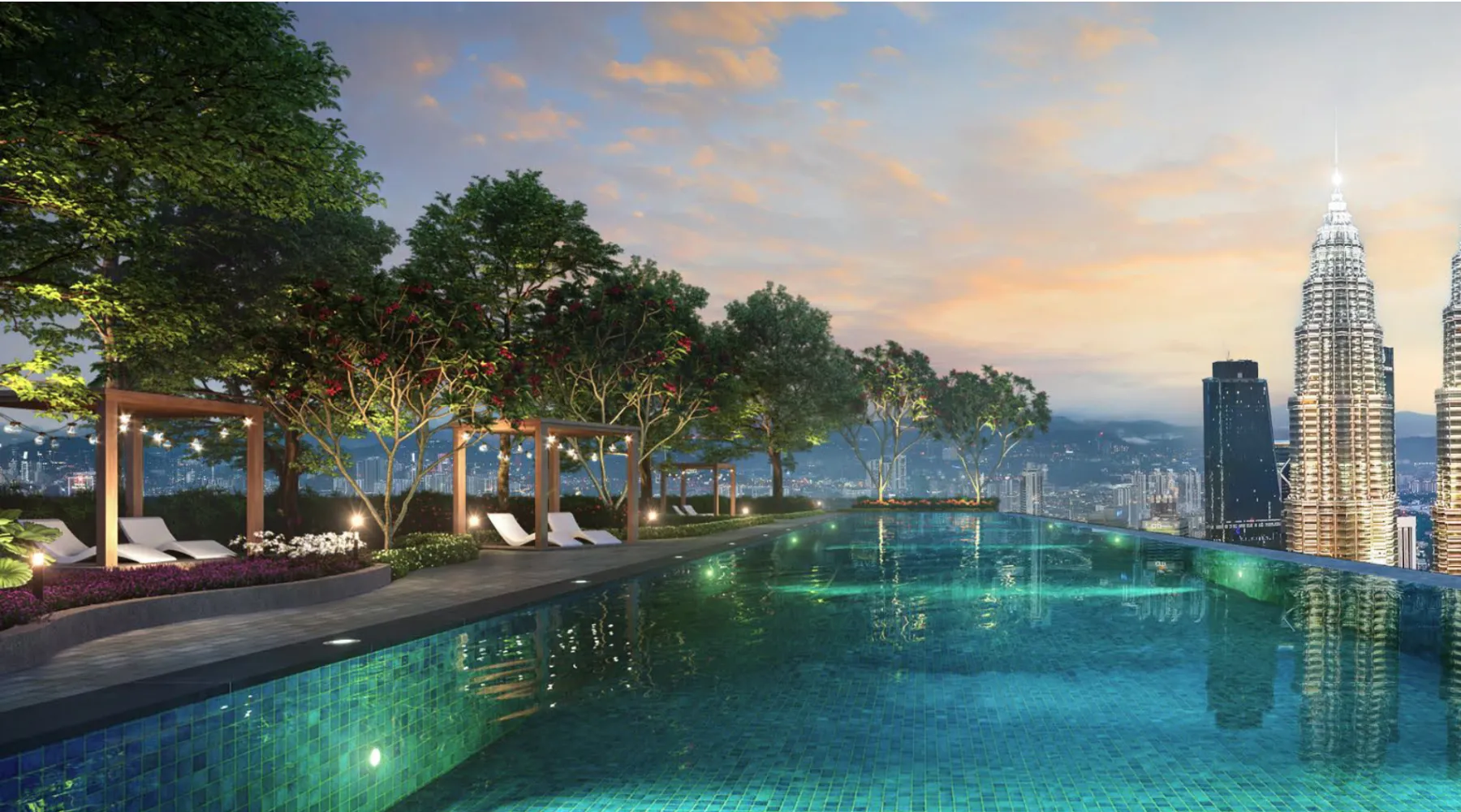 Centrix KLCC sky pool facing the Petronas Twin Towers at dusk, artist's impression