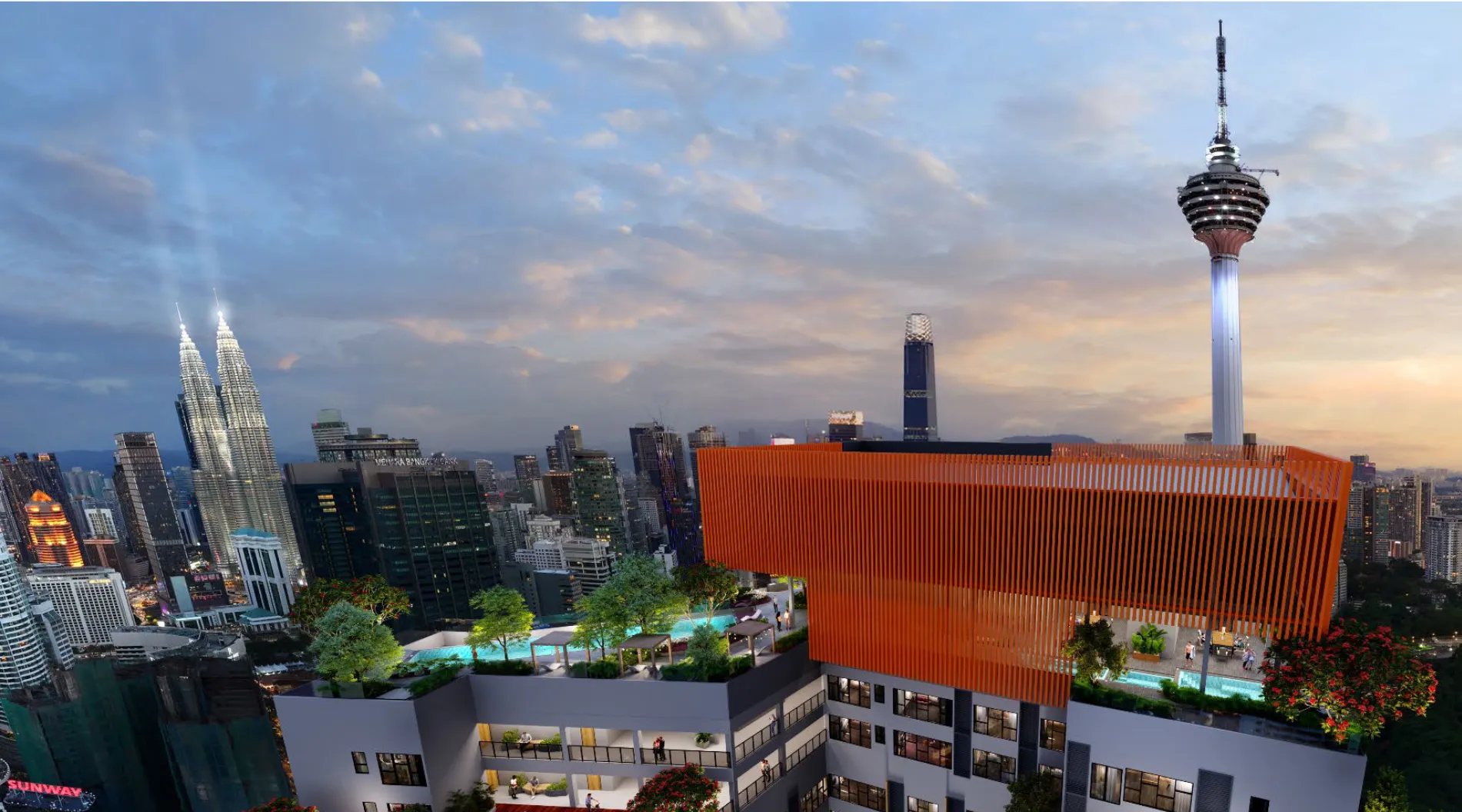 Centrix KLCC facilities deck overlooking the KL skyline, KL Tower and Petronas Twin Towers, artist's impression