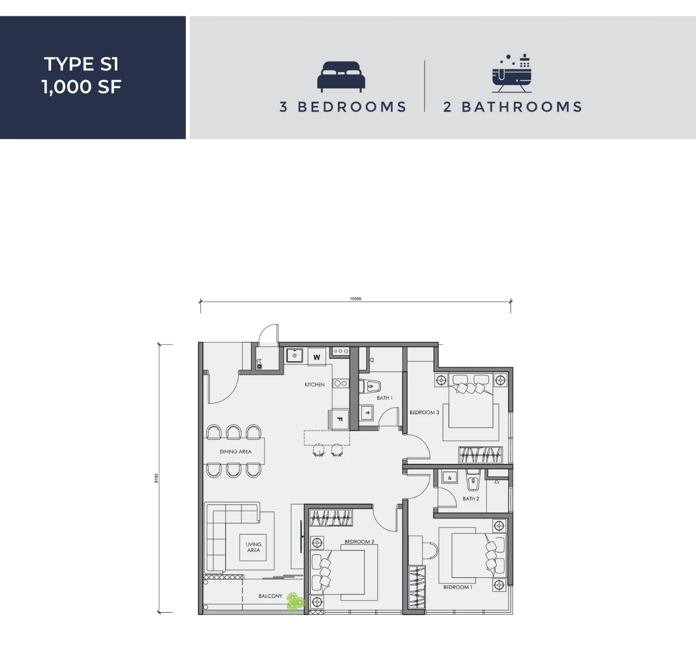 Centrix KLCC floor plan Type S1, 1,000 sq ft, 3 bed, 2 bath