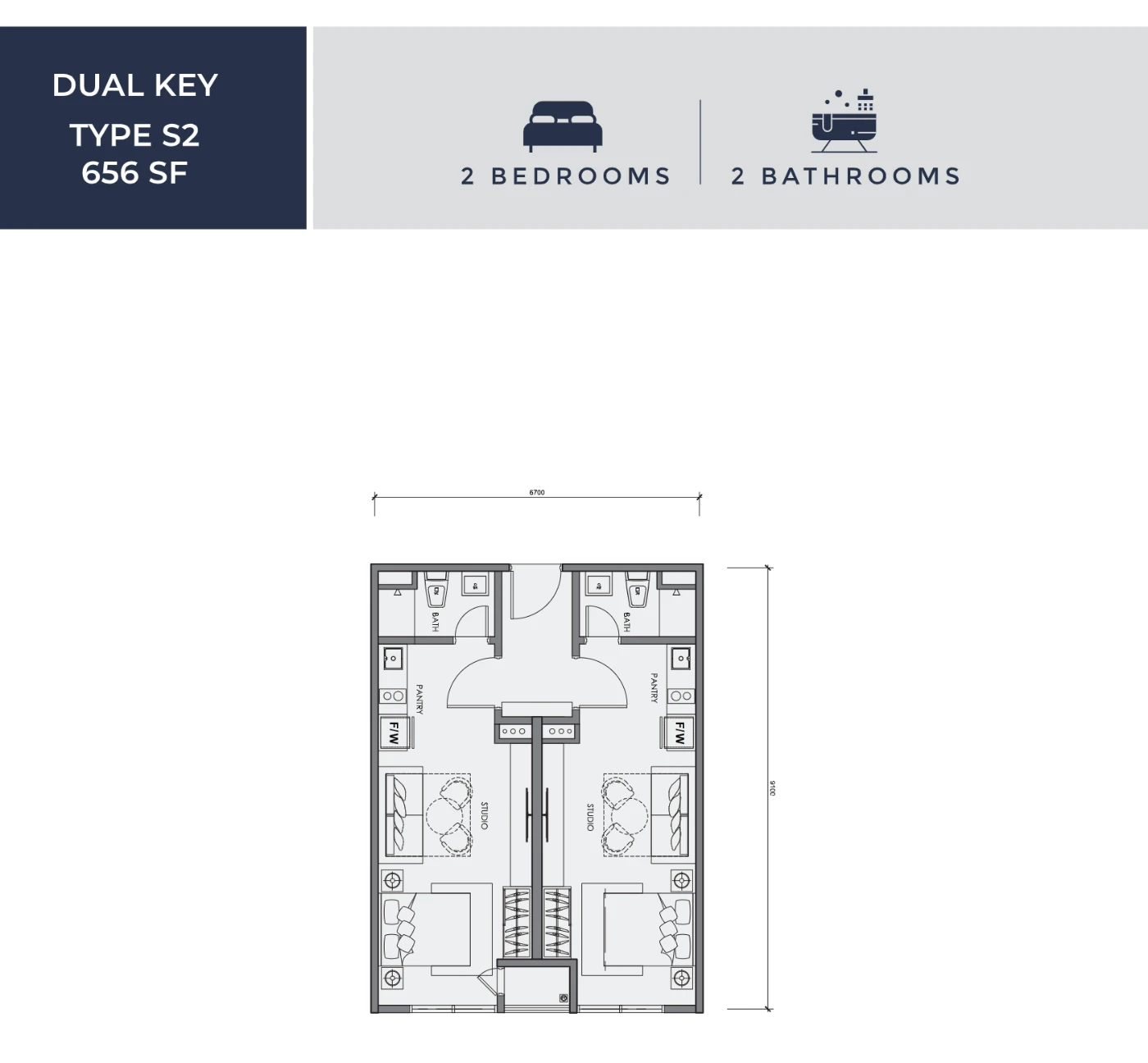 Centrix KLCC floor plan Dual key Type S2, 656 sq ft, 2 bed, 2 bath