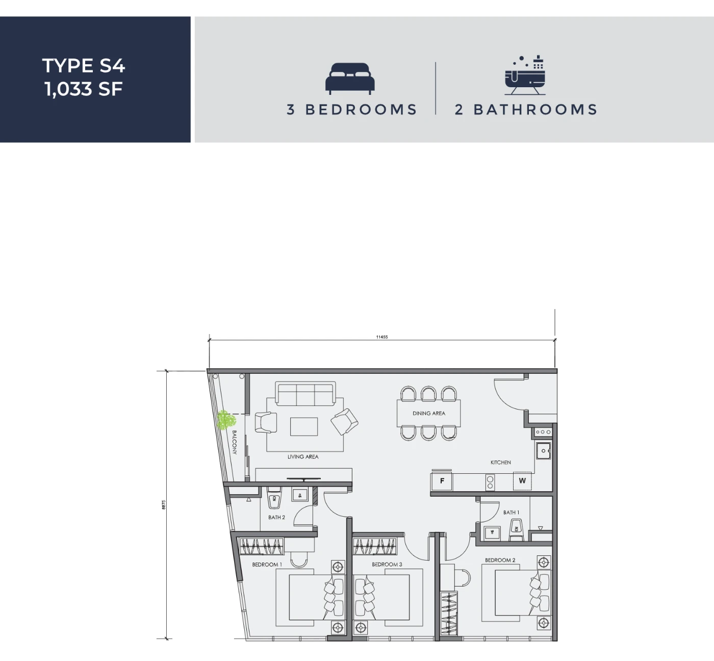 Centrix KLCC floor plan Type S4, 1,033 sq ft, 3 bed, 2 bath