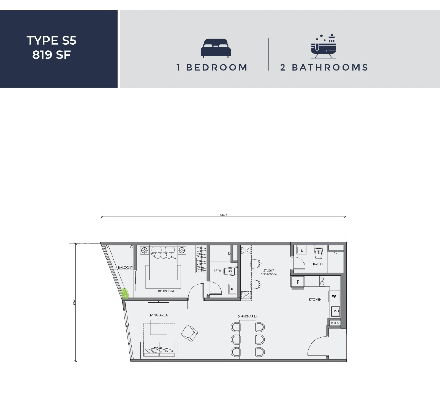 Centrix KLCC floor plan Type S5, 819 sq ft, 1 bed, 2 bath