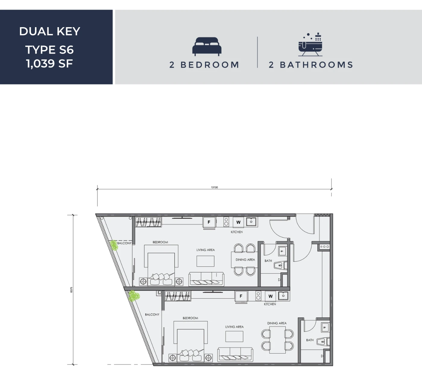 Centrix KLCC floor plan Dual key Type S6, 1,039 sq ft, 2 bed, 2 bath