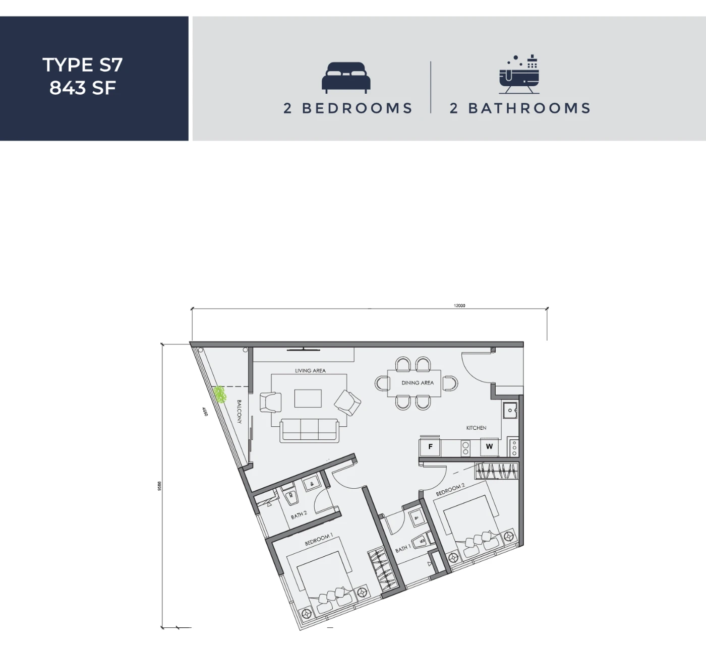 Centrix KLCC floor plan Type S7, 843 sq ft, 2 bed, 2 bath